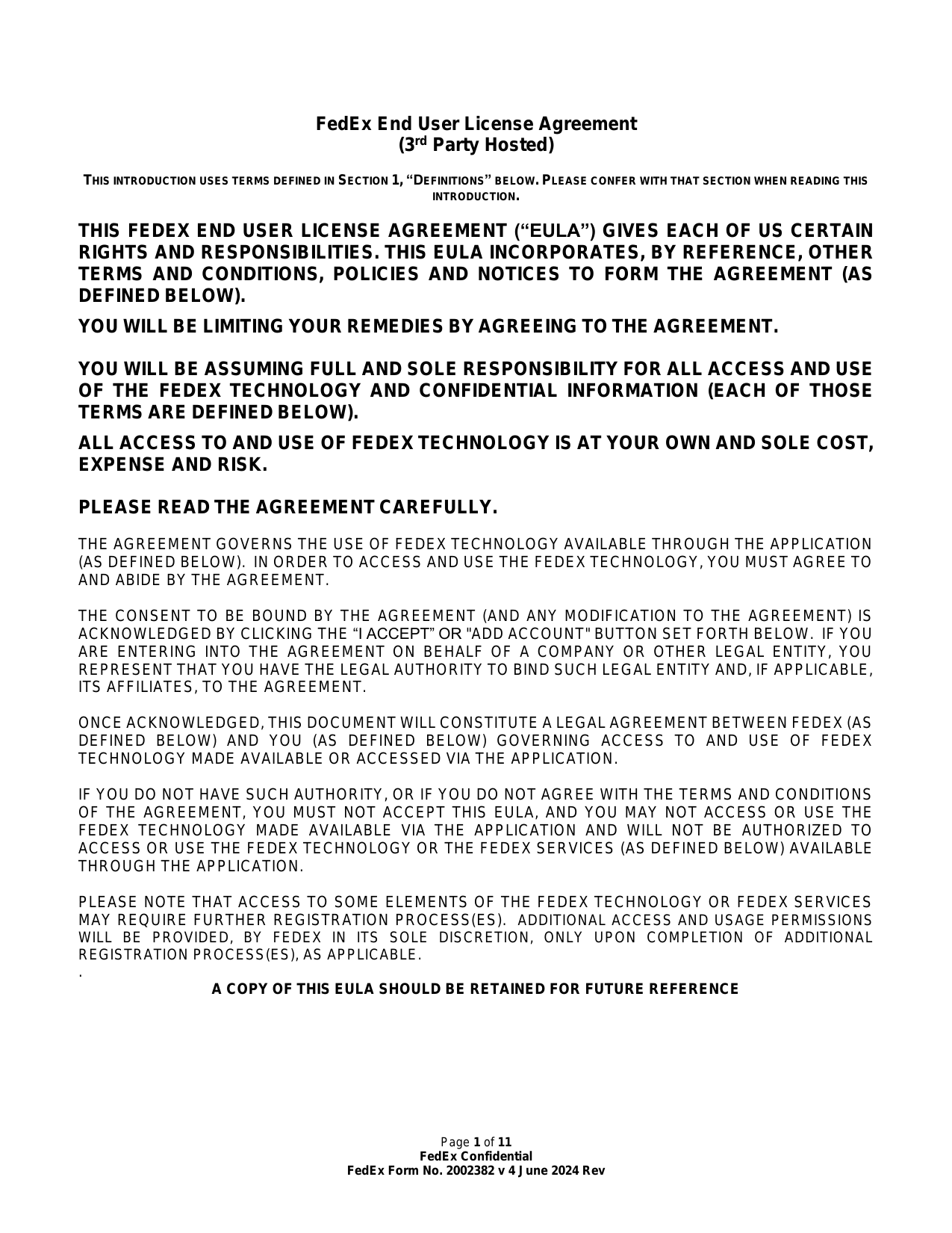 FedEx End User License Agreement (3rd Party Hosted) — page 1 of 11
