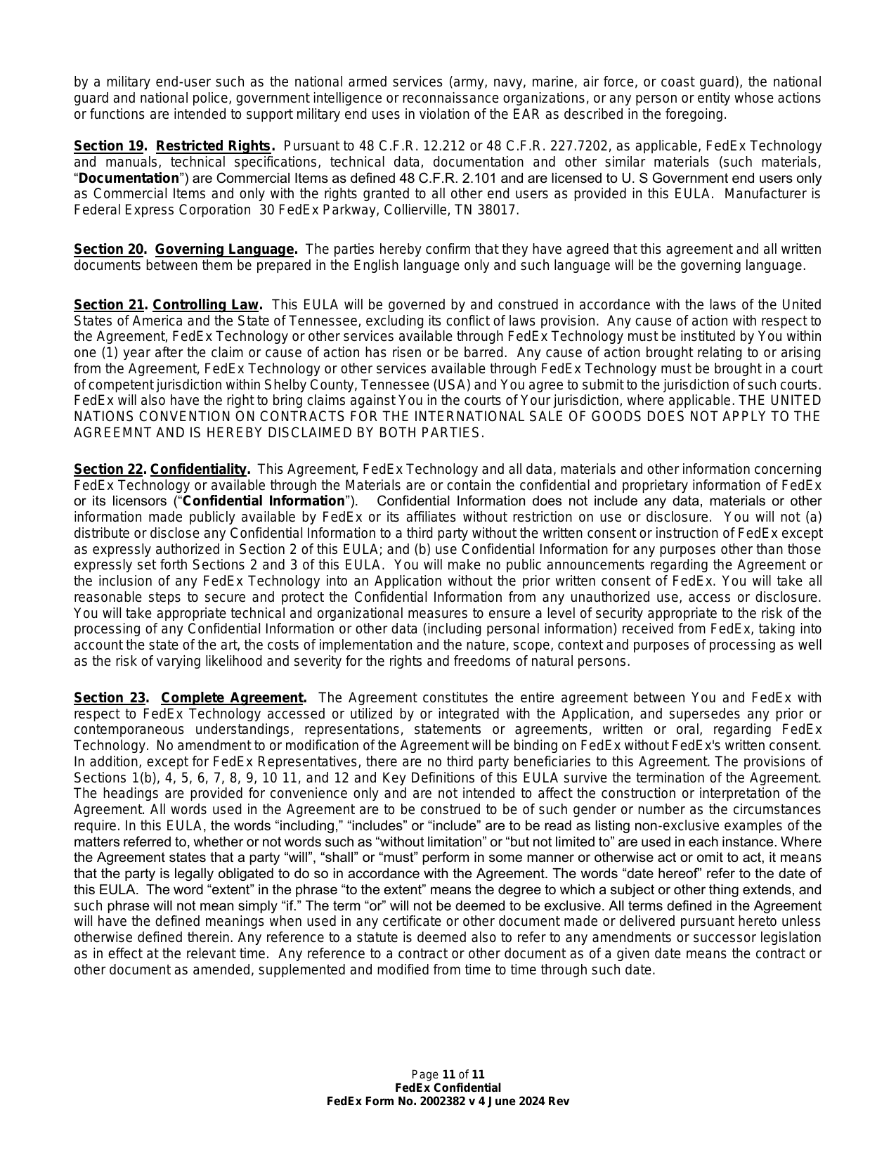 FedEx End User License Agreement (3rd Party Hosted) — page 11 of 11